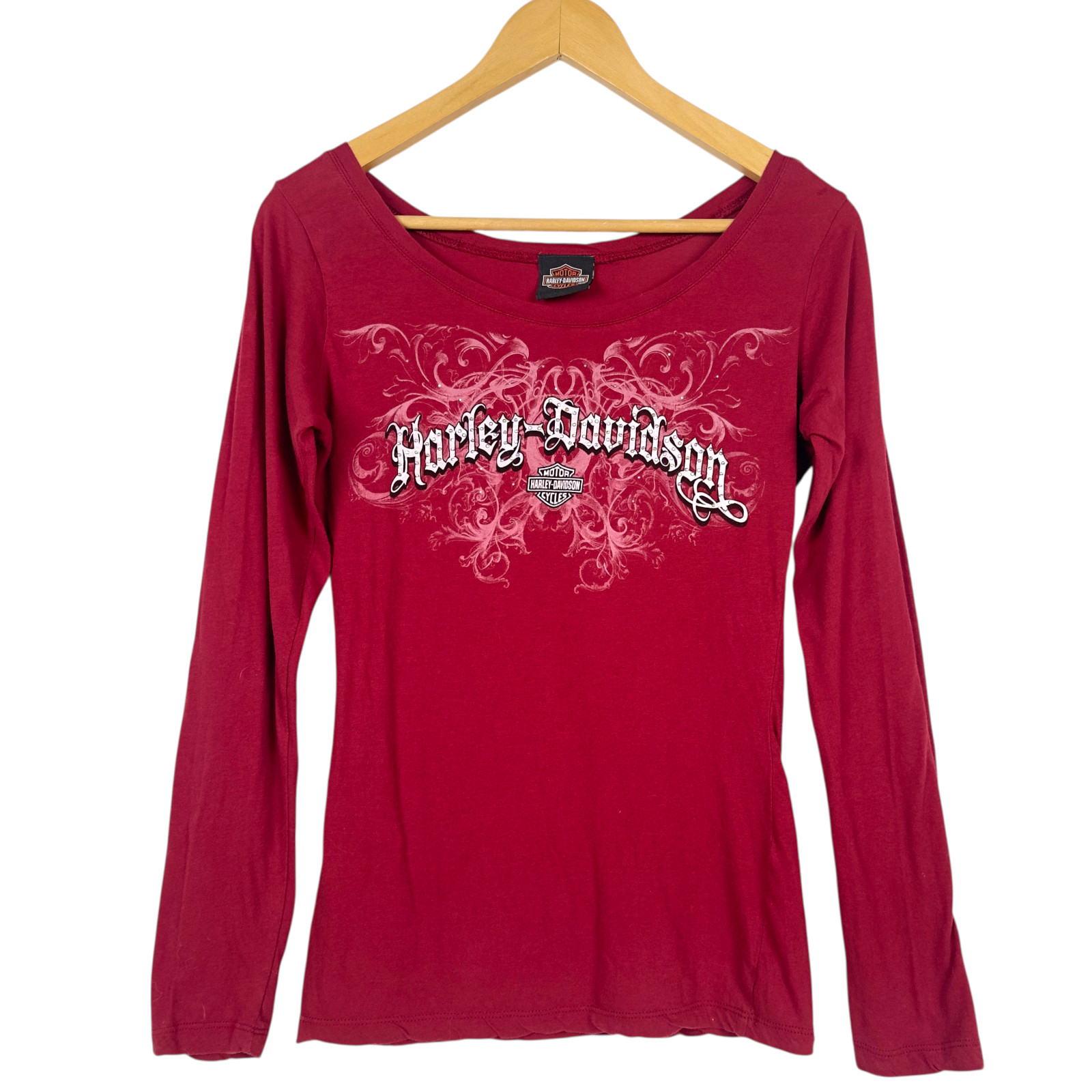 Harley Davidson Long Sleeve Red Graphic Tee Women’s S Y2K Retro Motorcycle Top