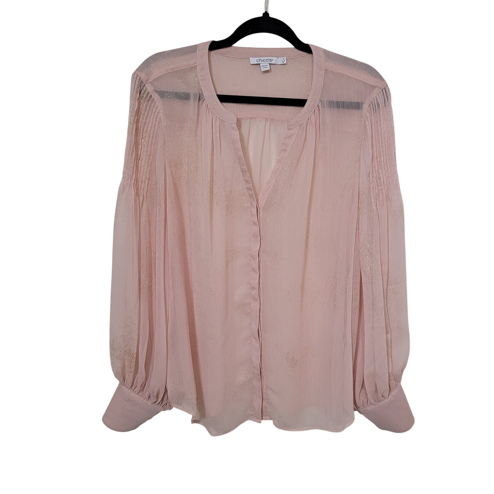Chico’s 16 Blouse Women Pink Gold Metallic Foil Starburst Balloon Sleeve V-Neck