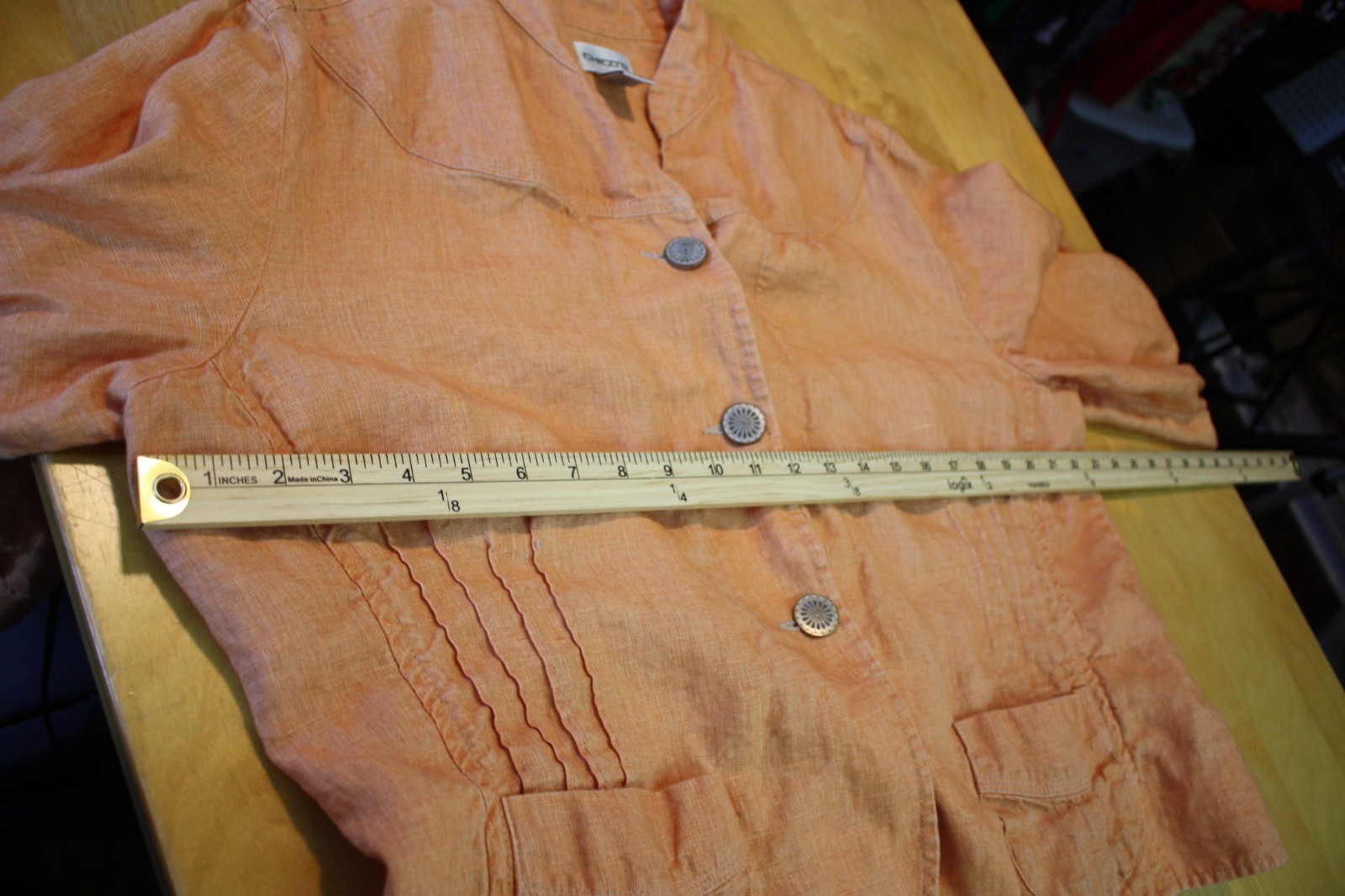 Chico’s Jacket Womens Size 3 Orange Linen Button Shacket Lagenlook Art to Wear