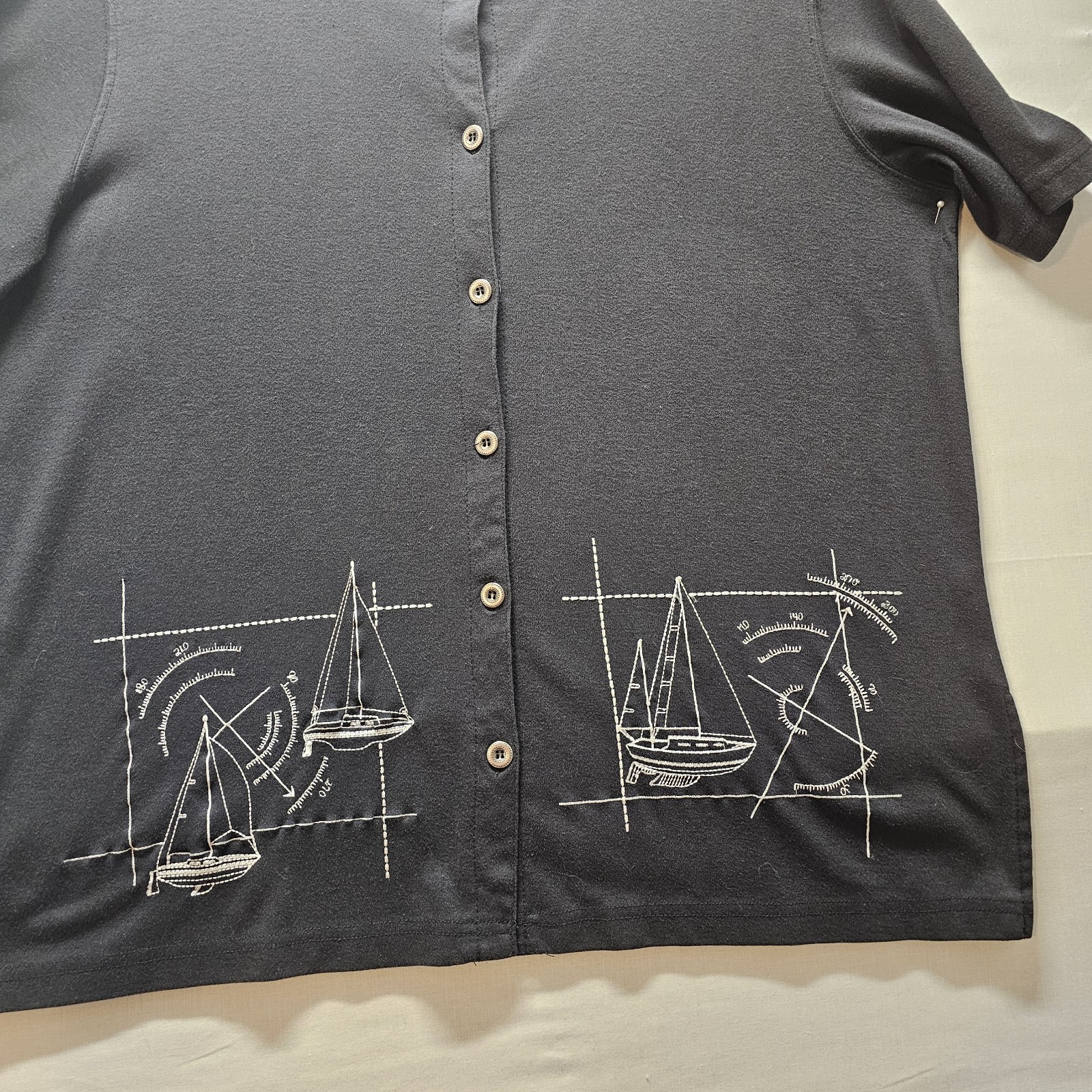 Vintage LINKS Black NAUTICAL Sailing BOAT MARINA Embroidered Button Up Shirt MED