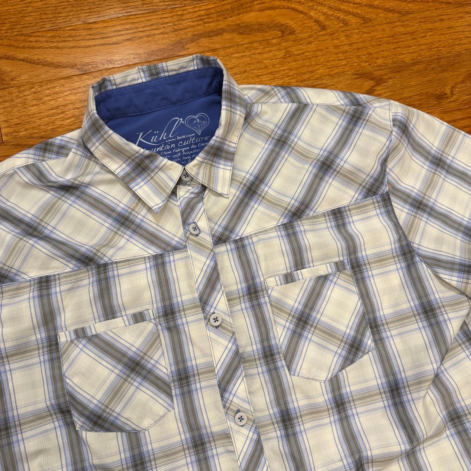 Kuhl Ionik Performance Button Down Shirt Womens Large White Blue Plaid Hiking