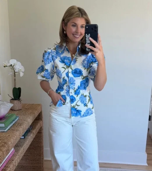 ZARA Blue & White Floral Poplin Shirt Blouse Top Size S 2472/129 Trendy Stylish