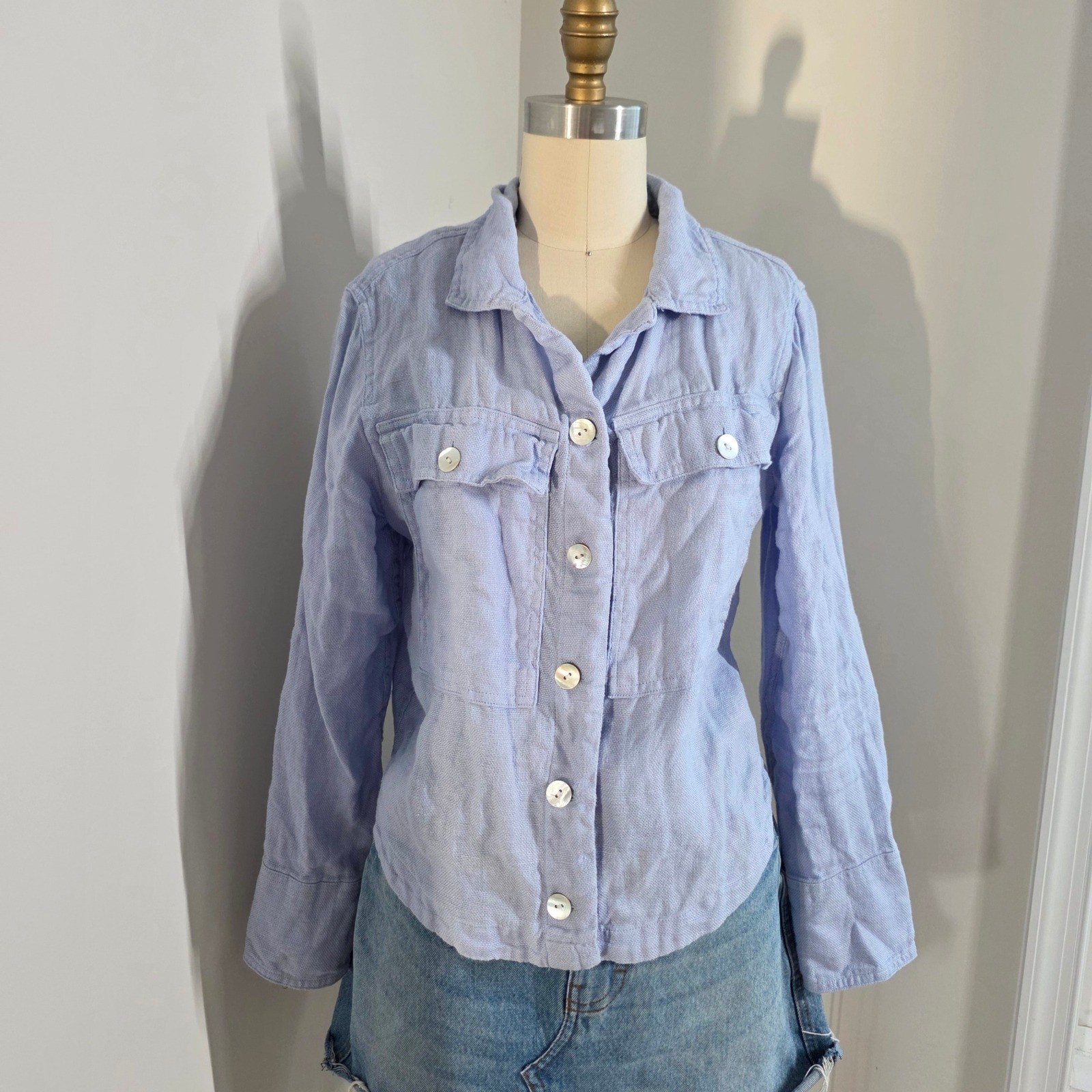 Nicole Miller New York Women Blue 100% Linen Button Down Shirt Jacket Size S