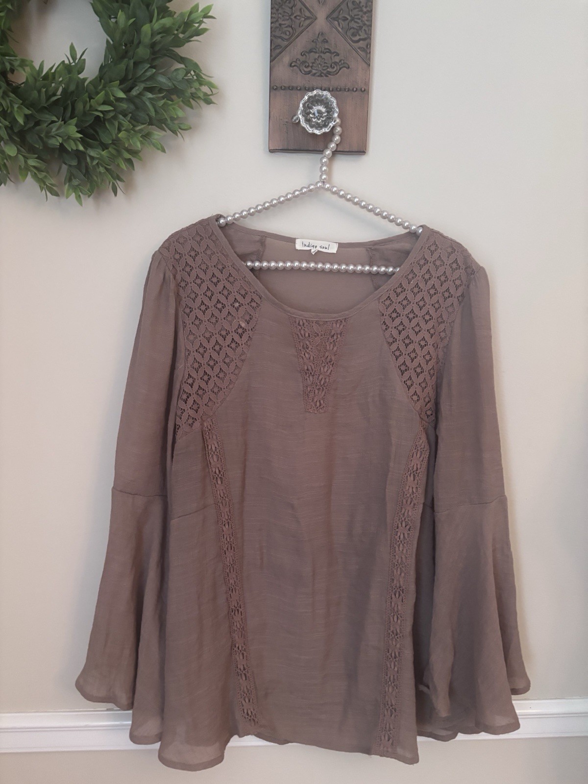 Indigo Soul Womens Size XL Brown Tunic Blouse Crochet Trim Bell Sleeve Boho