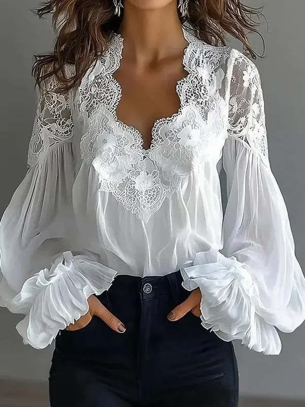 Blusa Mujer Color Sólido V-cuello Encaje Manga Farol Elegante Oficina