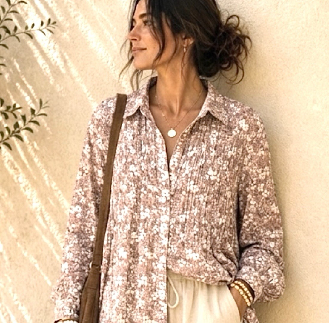PILCRO BOXY FLORAL TOP S {FITS L/XL} SMOCKED BUTTON UP FEMININE POET ROMANTIC