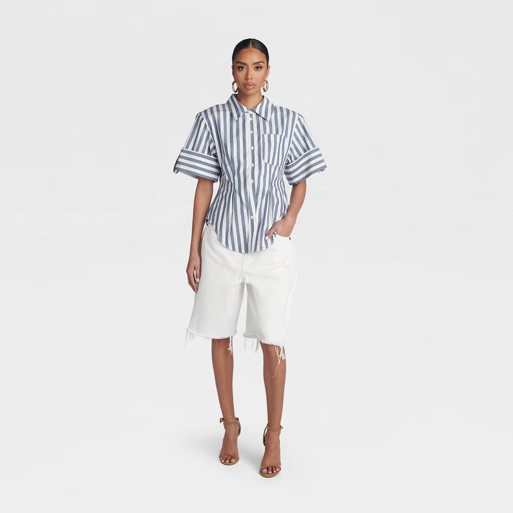 KBB by KAHLANA Women Short Sleeve’ The Hourglass Button-Down Shirt’ – Blue
