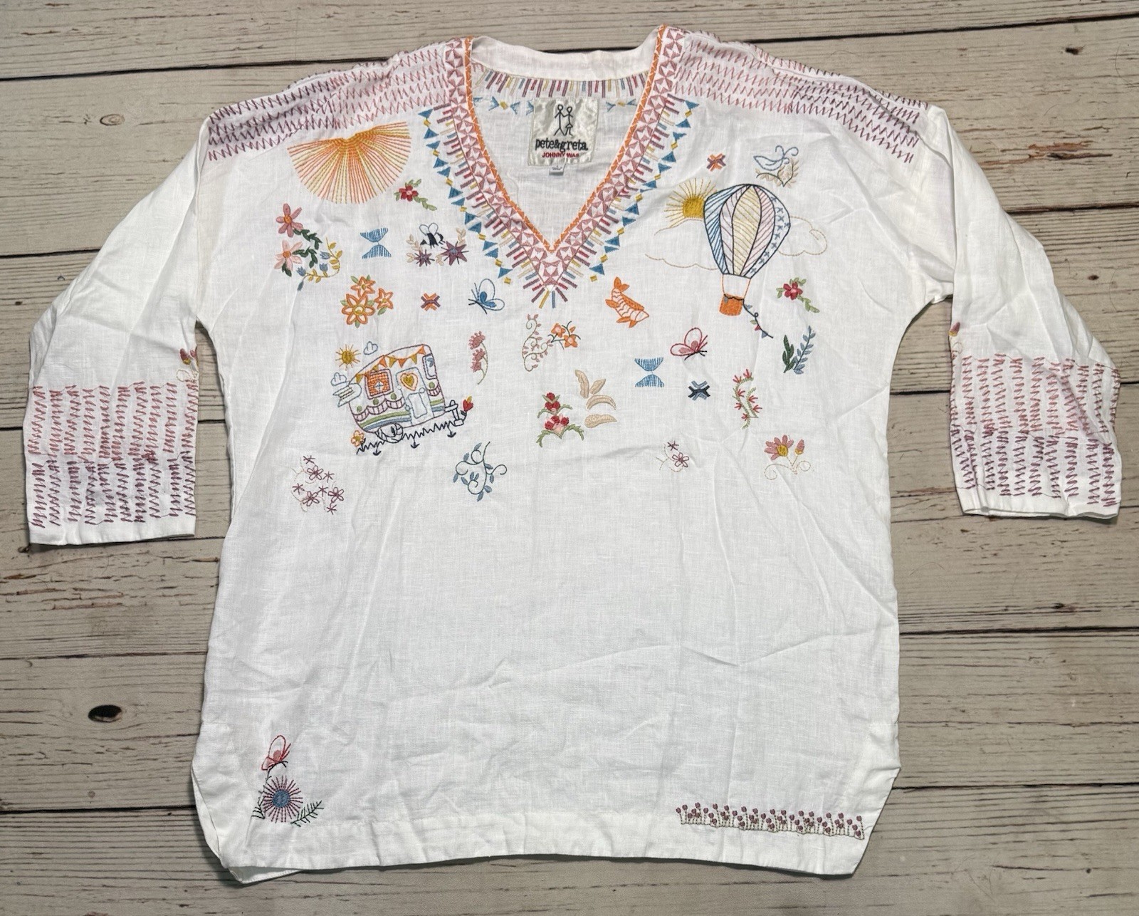 Johnny Was Pete & Greta Embroidered V-Neck Tunic Top Women’s Sz L 100% Linen