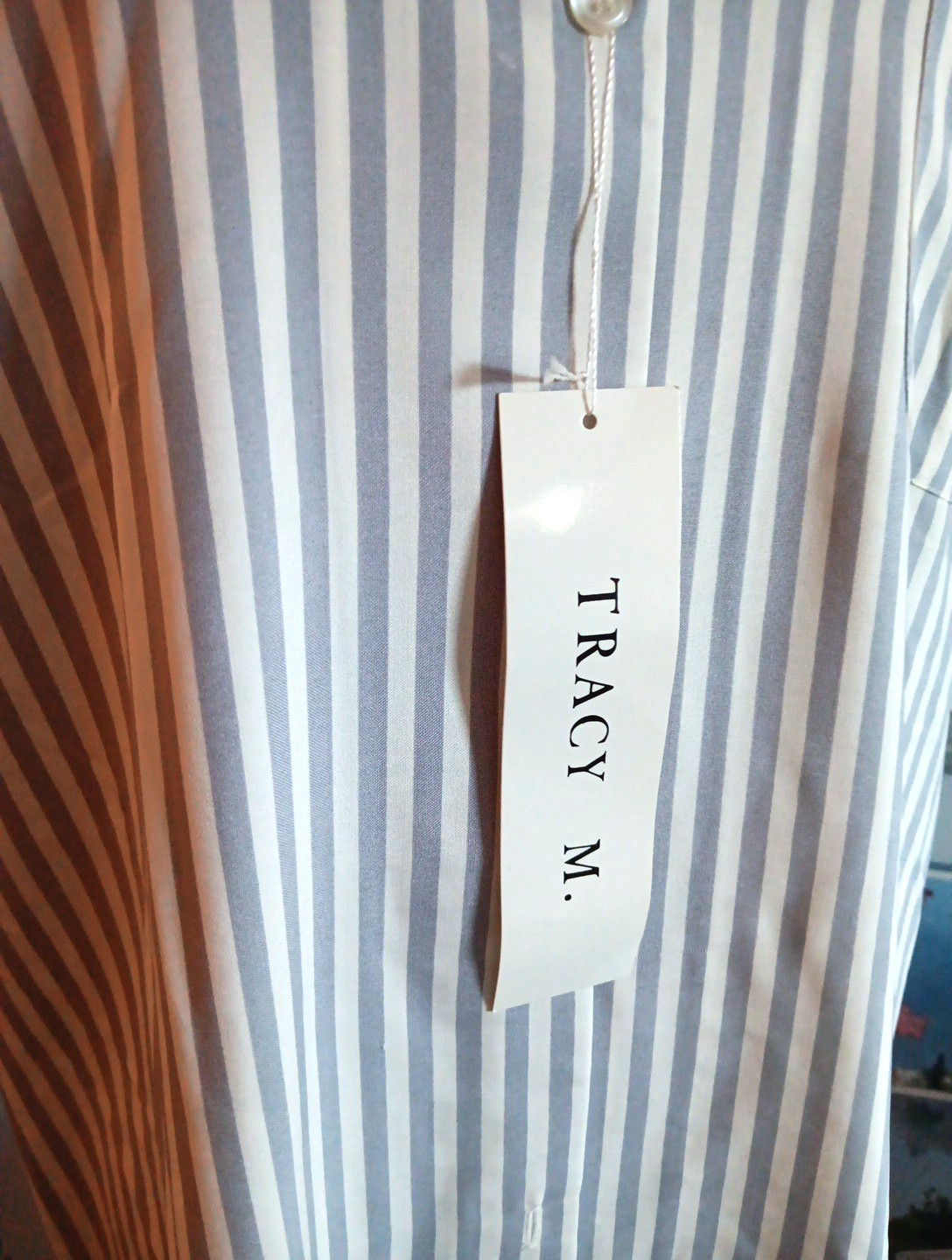 Vintage Tracy M NWT 100% Silk Blouse Shirt Grey & White Striped Button Up Size M