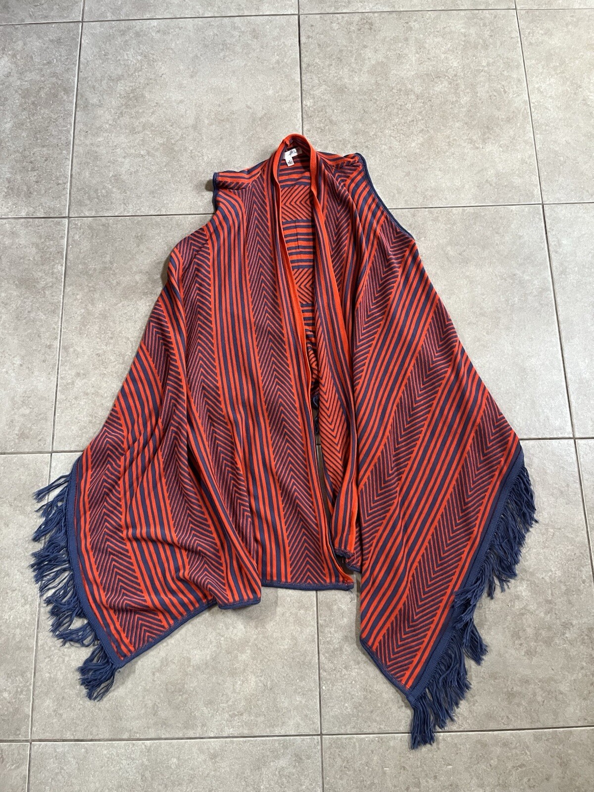 Say What? S Sleeveless Vest Duster orange blue stripe Geometric Pattern Fringe