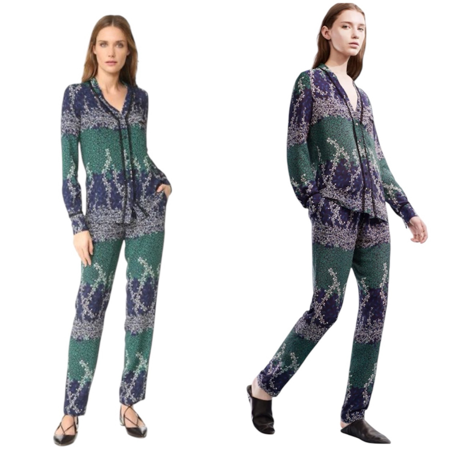 Yigal Azrouel Green Blue White Trellis V-Neck Long Sleeve Blouse 4