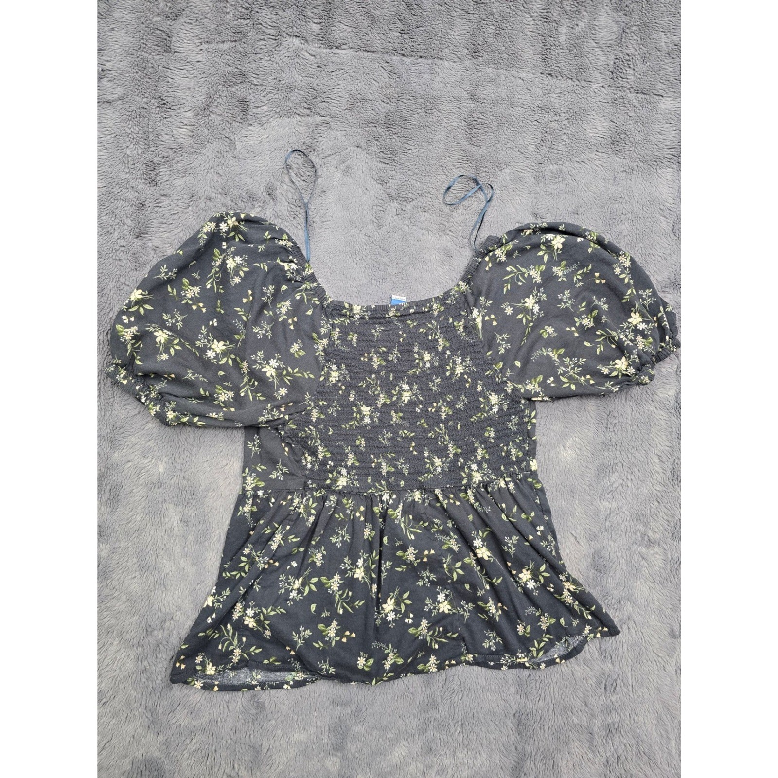 Old Navy Floral Puff Sleeve Smocked Back Peplum Top Navy Blue Medium