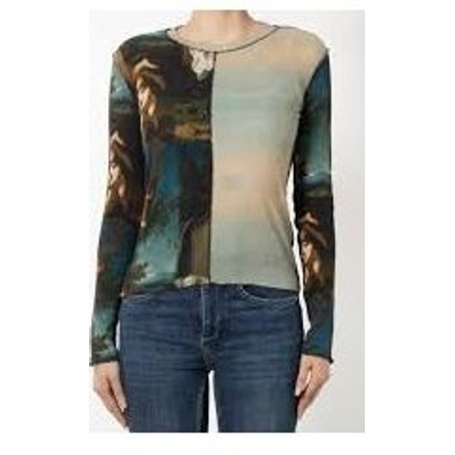 Desigual Size Medium Tee Tan Black Graphics Crew Neck Cherubs Slim Fit Artsy