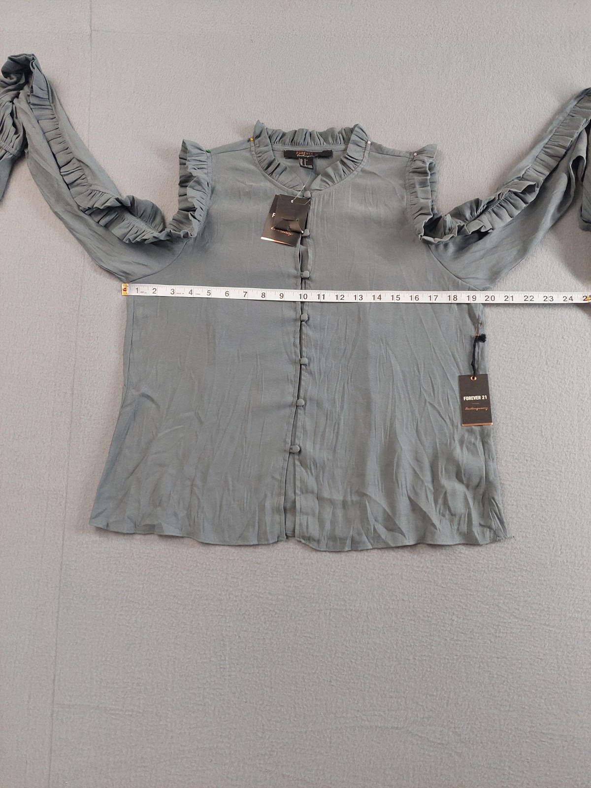 Forever 21 Shirt Womens Small Dusty Blue Cold Shoulder Ruffle Long Sleeve Top