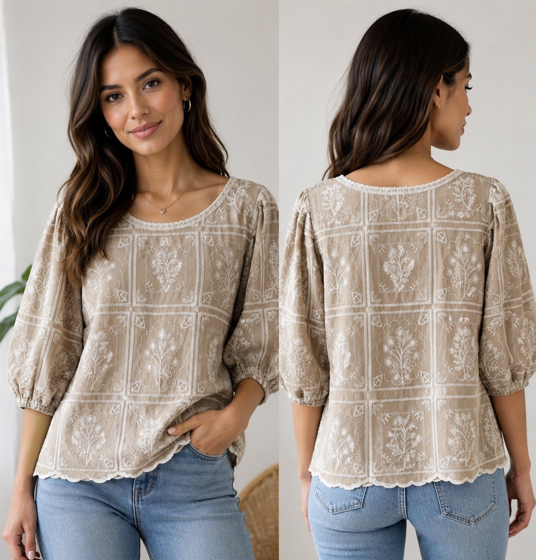 Solitaire Embroidered Top Sz M/L Beige Ivory Artsy Boho Folk Hippie