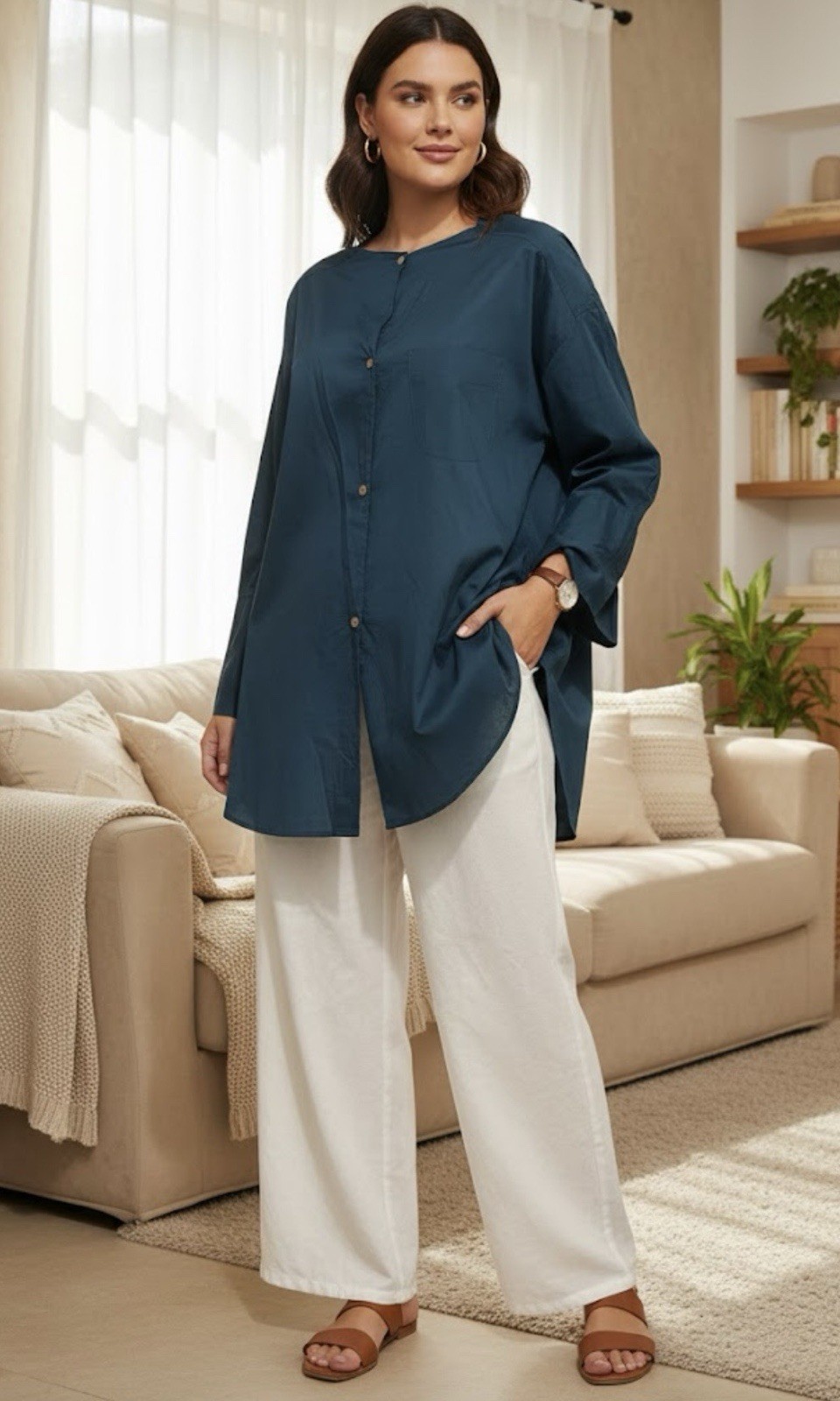 QUARZIA Women’s Turquoise Long Sleeve Blouse Button Front One Size (S,M,L,XL)