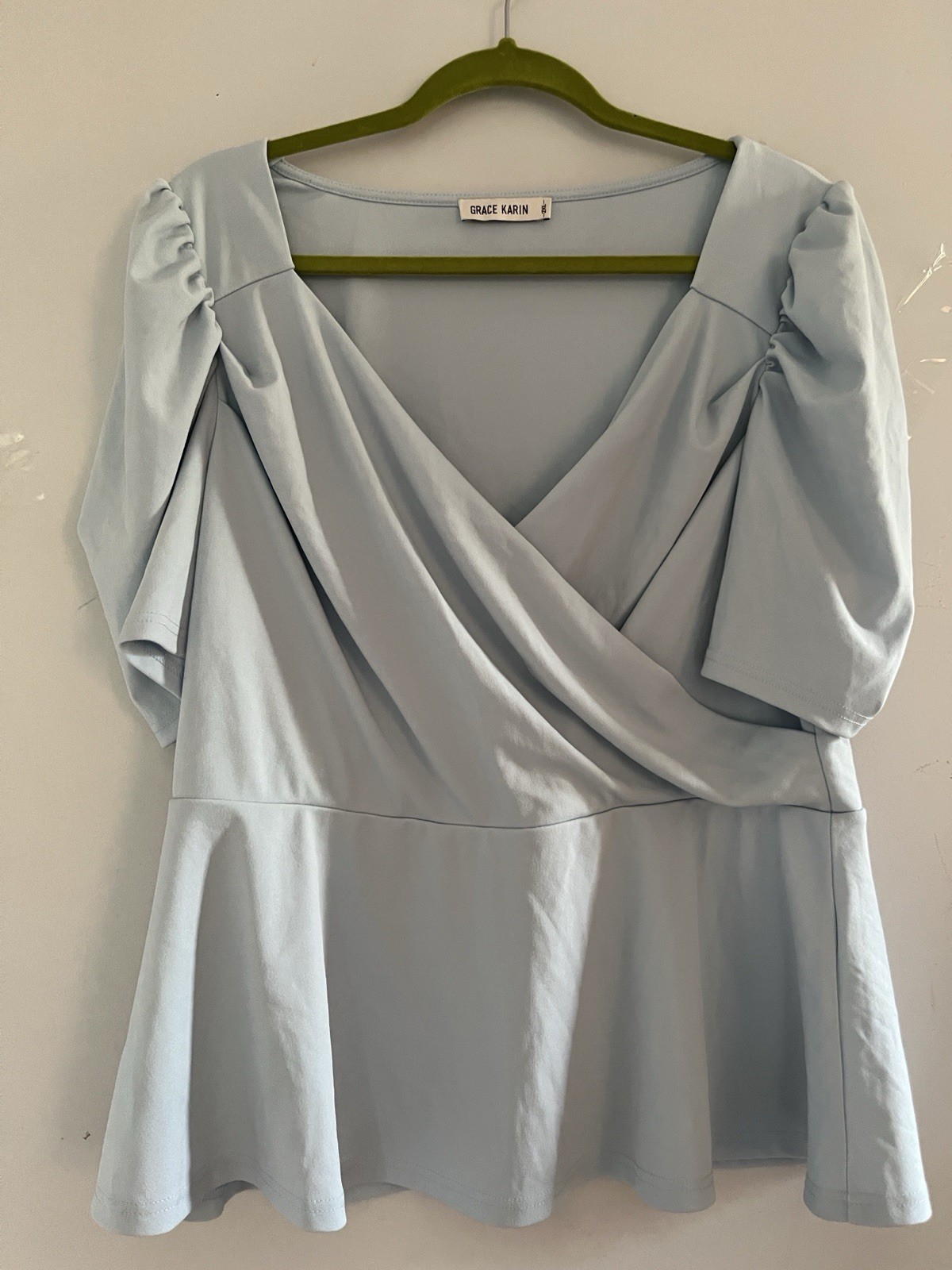 Grace Karin Women’s Blue Solid V-Neck Puff 3/4 Sleeve Ruched Peplum Blouse 2XL
