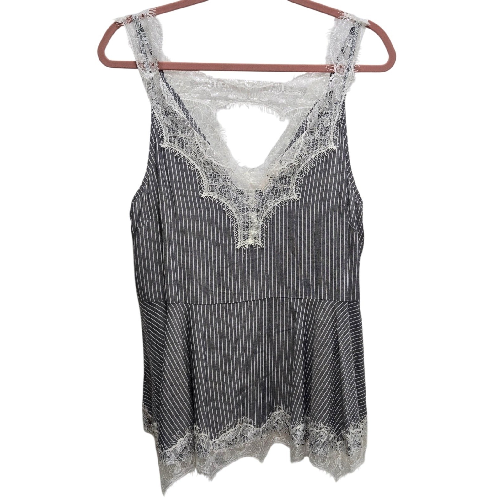 Entro Blue White Pinstripe Lace Trim Peplum Tank Top Sleeveless Rayon