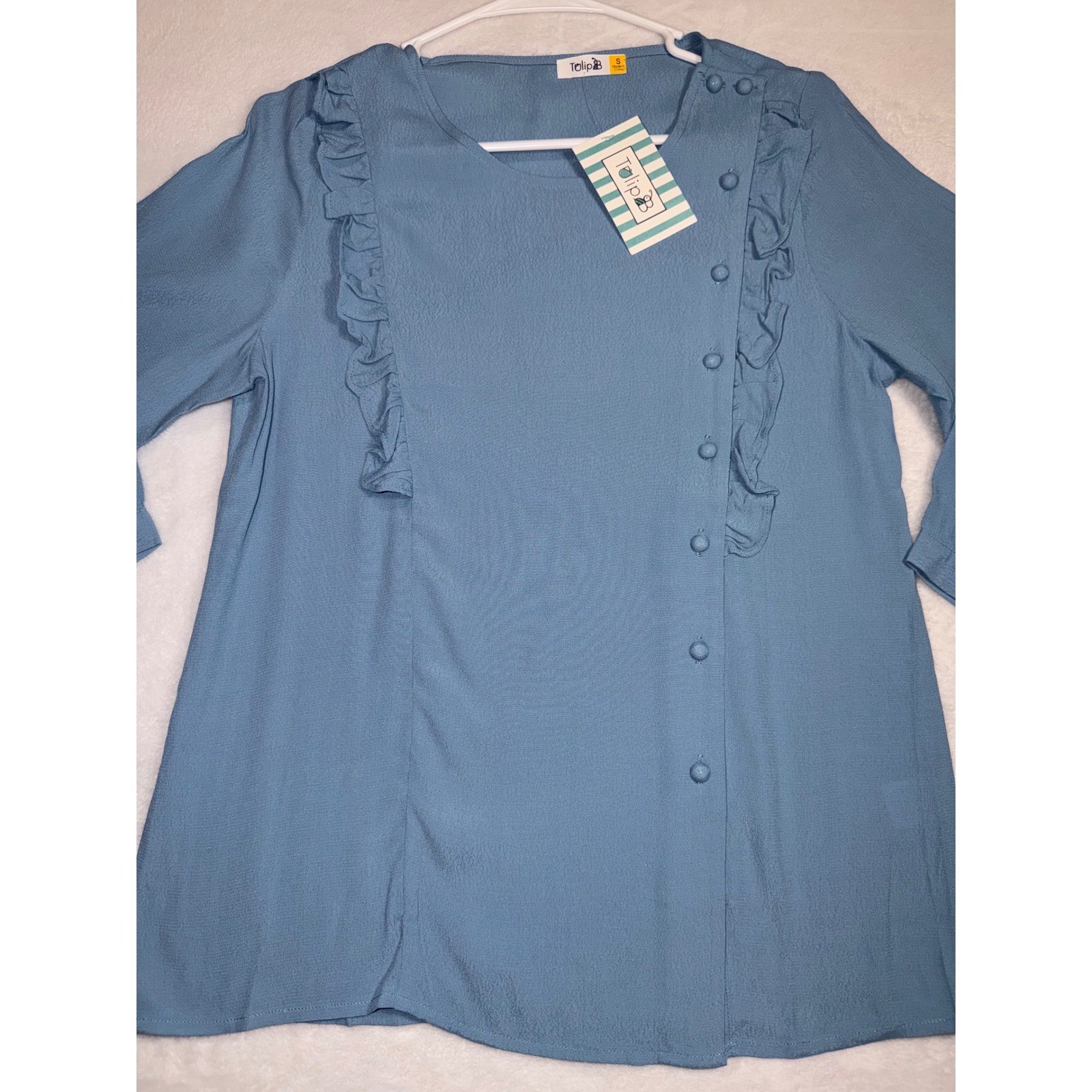 Tulip B Women Blue Ruffle Side Button Blouse Vintage Style Rayon Top S
