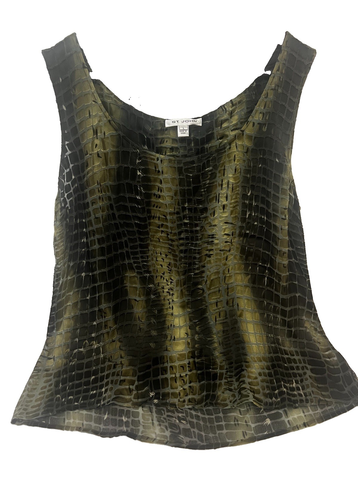 St John Womens L Silk Blend Burnout Tank Top Olive Green Crocodile Print Blouse