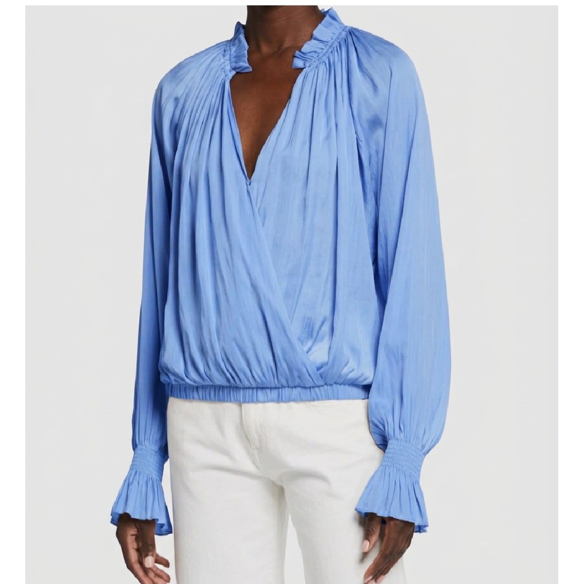RAMY BROOK Bethany Crossover Blouse Light Blue Smocked Collar Elastic Waist Top