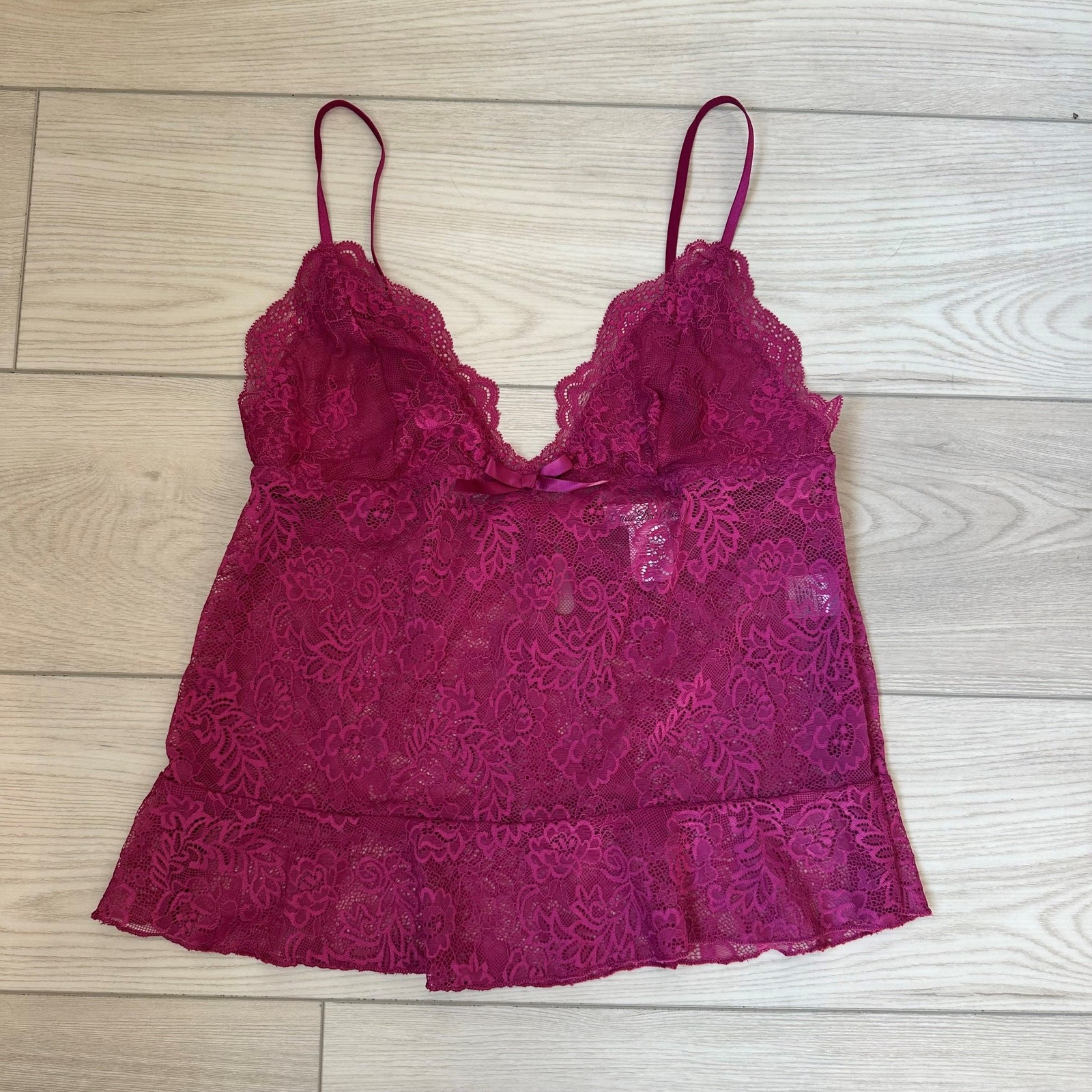 Dark pink lace bow ruffle babydoll lingerie camisole top medium