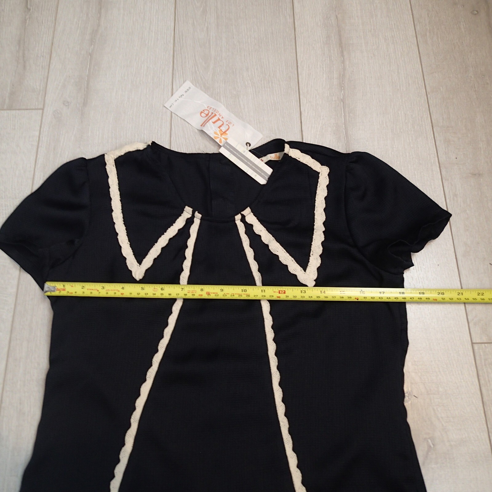 tulle Los Angeles blouse Top Sz m black white lace trim gold tone buttons back