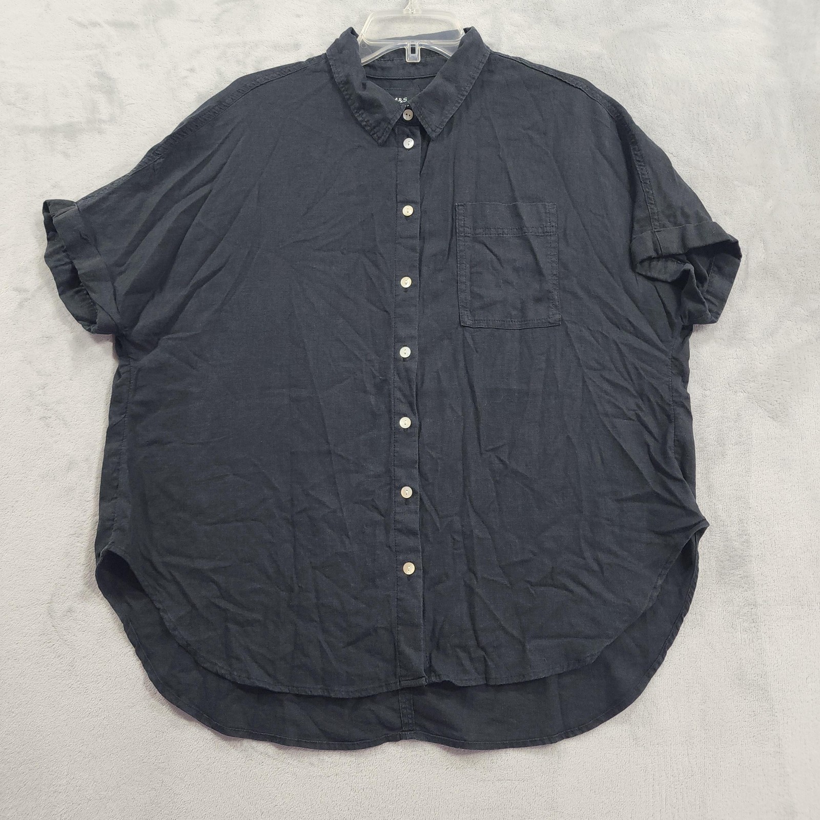 Marks & Spencer Shirt Womens 6 Black Linen Rich Button Up Short Sleeve Relaxed