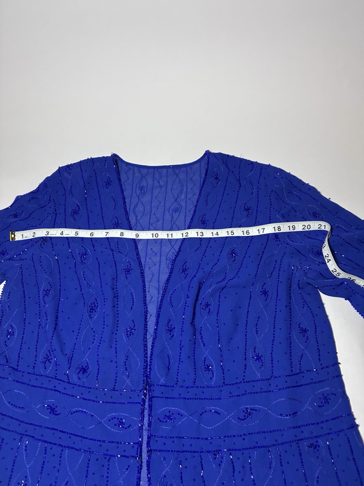 Blue Sheer Beaded Sequin Embroidered V-Neck Open Front 3/4 Sleeve Shrug