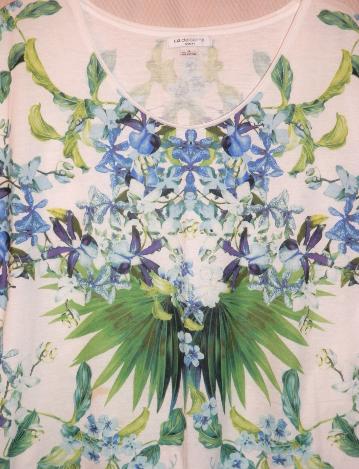 Liz Claiborne Sleeveless Cotton Knit Top sz. 1X White/Blue.Green Tropical Print