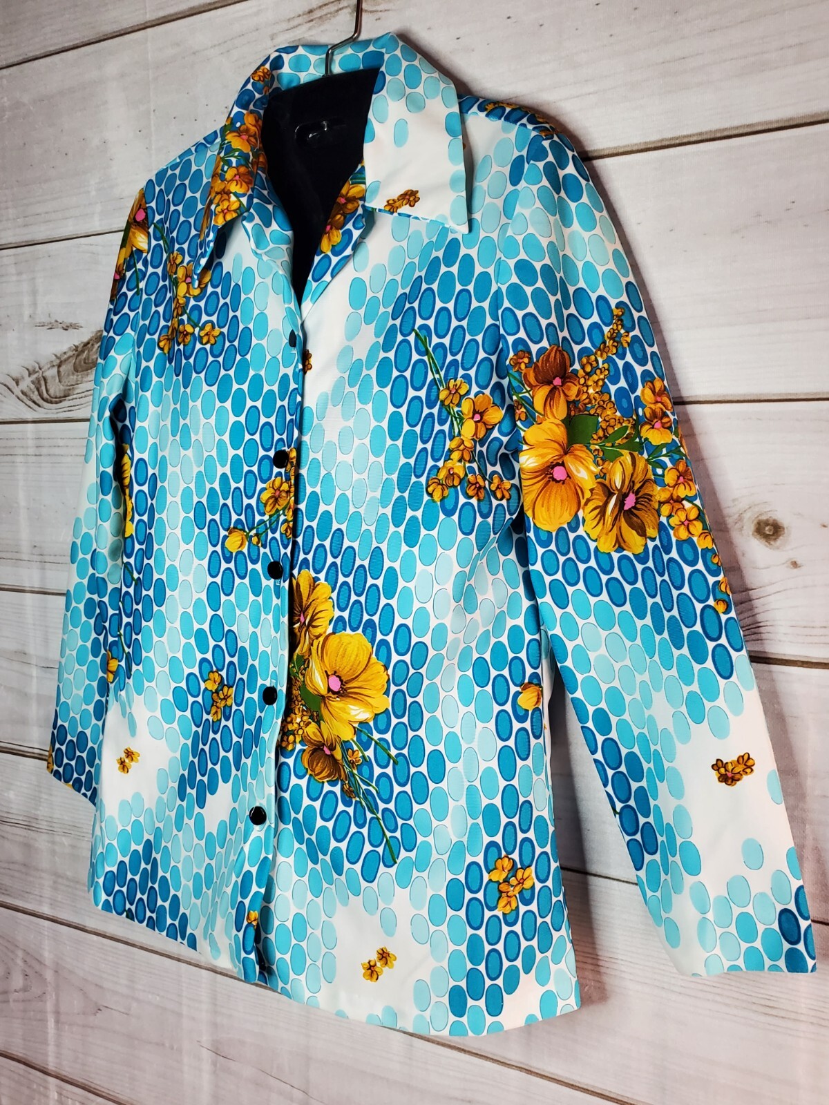Vintage Hippie Shirt 60s 70s Polyester Flowers Boho Blue Retro Pointed Collar