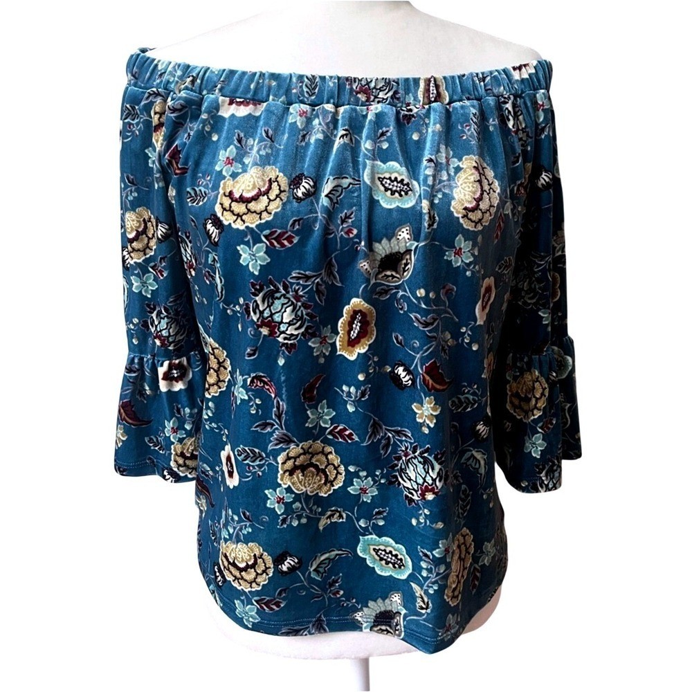 Current + Project Floral Bell Sleeve Off Shoulder Velvet Top Womens Small Blue