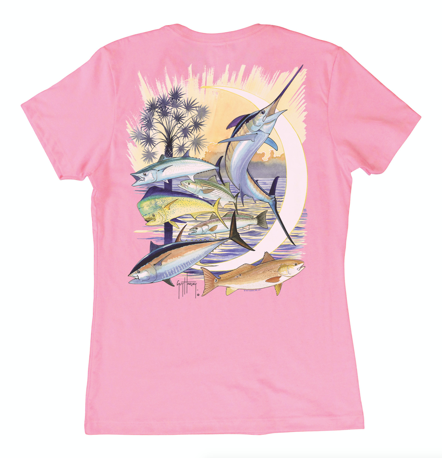 Guy Harvey Ladies Palmetto Moon Fishing Boat Fish T-shirt. Pick Size..Light Pink