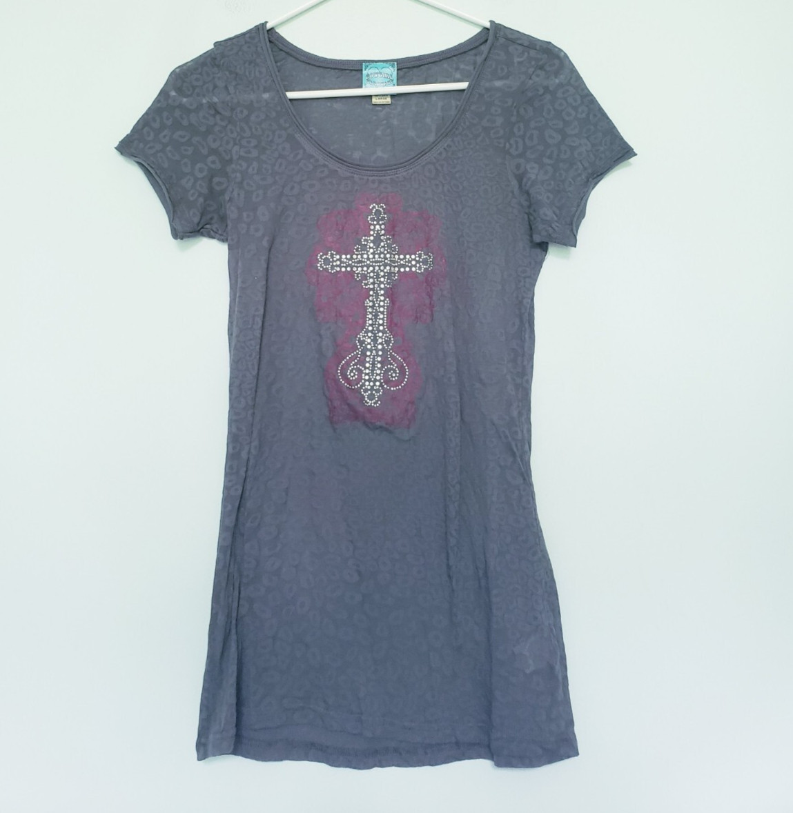 Cowgirl Hardware Tee Womens L Leopard Cross Studded Bling Gray Semi Sheer Y2K