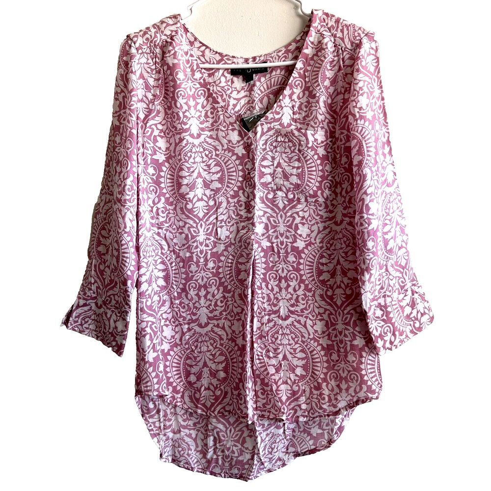 FRED DAVID Women’s 3/4 Sleeve High-low Blouse Pink/White Size S Rayon/Polyester