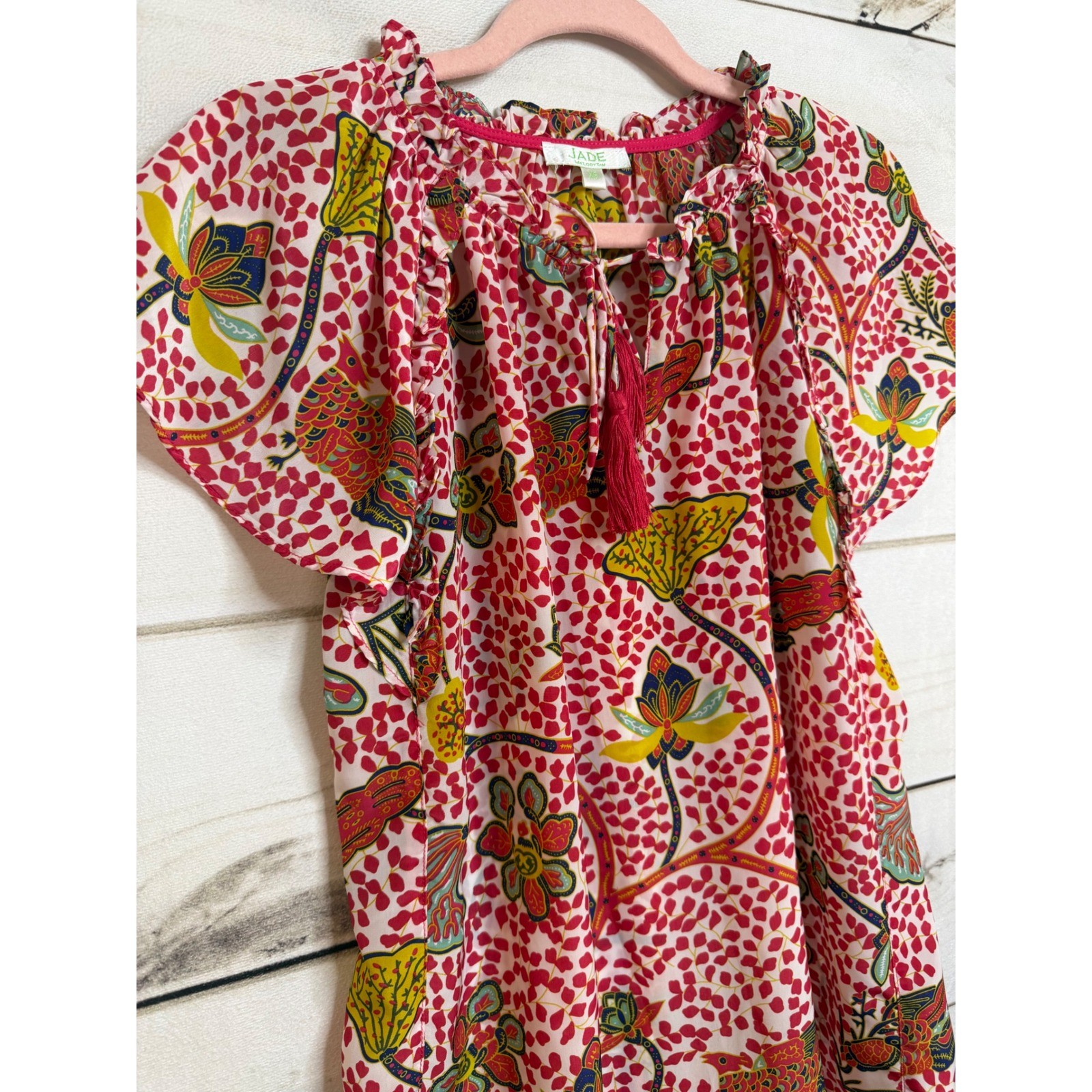 Jade Melody Tam Pink Floral Bird Print Tassel Ruffle Blouse XS Short Sleeve Top