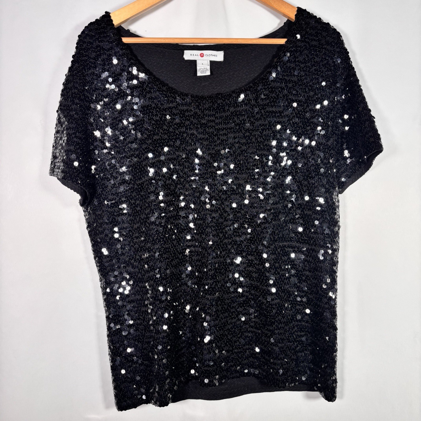 Silk Sequin Top Womens Large Going Out Blouse Evening Glam Cocktail Party Black