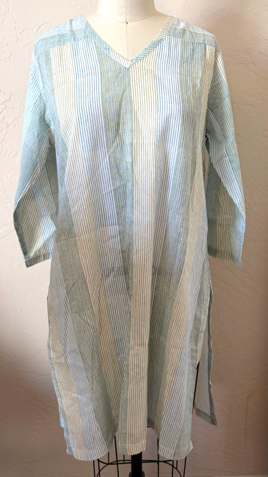 Fabindia Women’s Sz L Striped Cotton Kurta Tunic Dress Blue Green Yellow