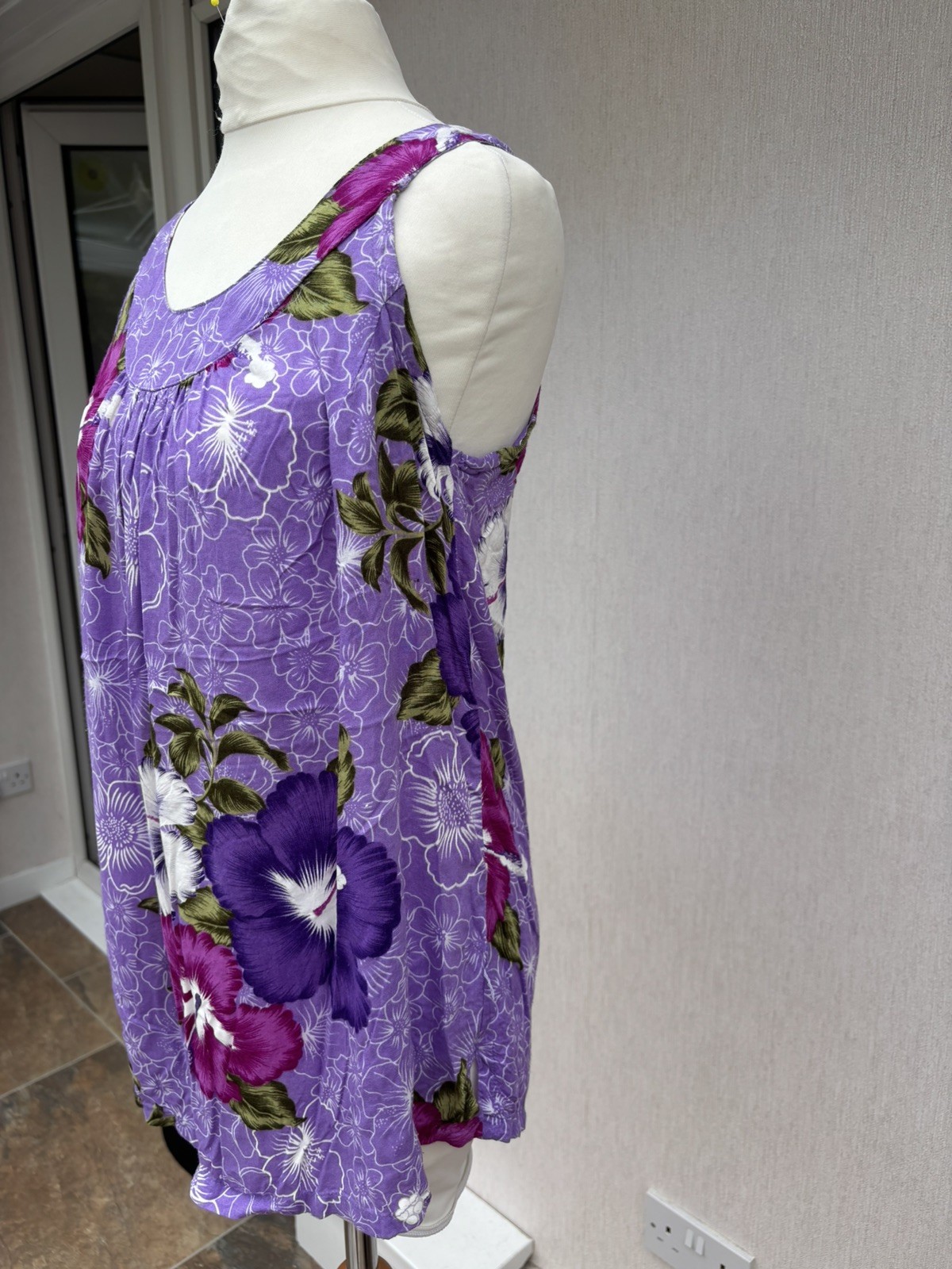 Vintage Aloha Fashion Hawaiian Hibiscus Tank Top Purple Rayon Boho UK L Y2K