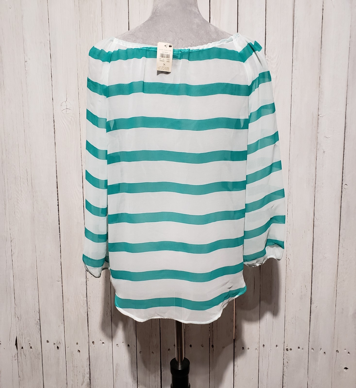 NEW Ann Taylor S Top Green White Striped Sheer Tie Neck Resort Casual Office