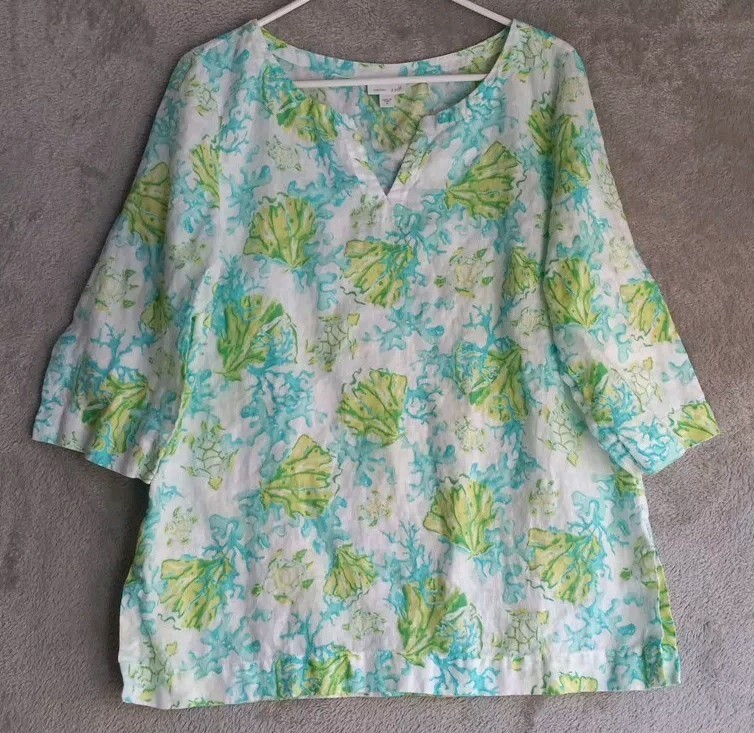 J. Jill Love Linen Top/Blouse Womens Size Med 3/4 Sleeves Ocean Beach Theme