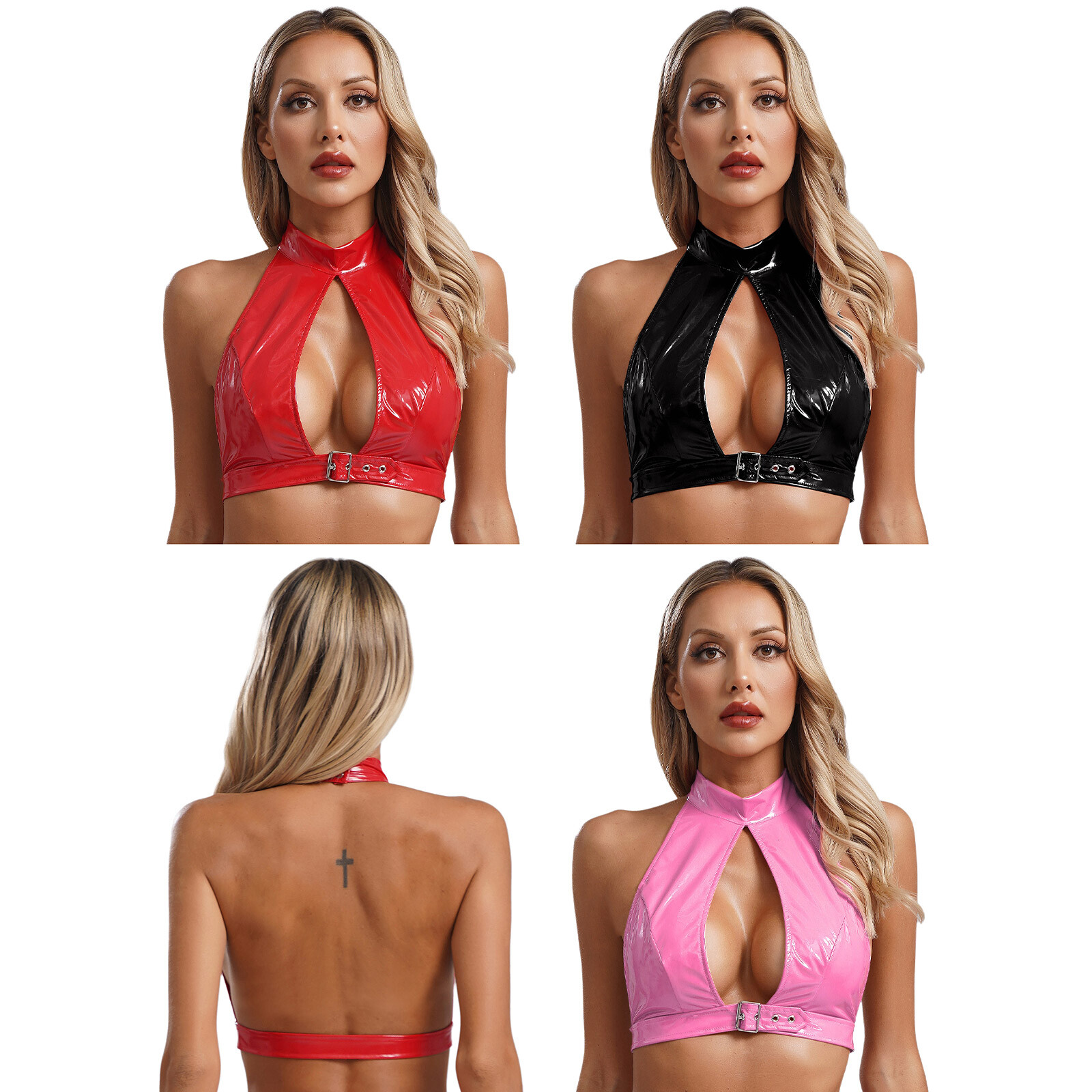 Women’s Shiny Metallic PVC Leather Halter Neck Latex Crop Top Sexy Backless Tops