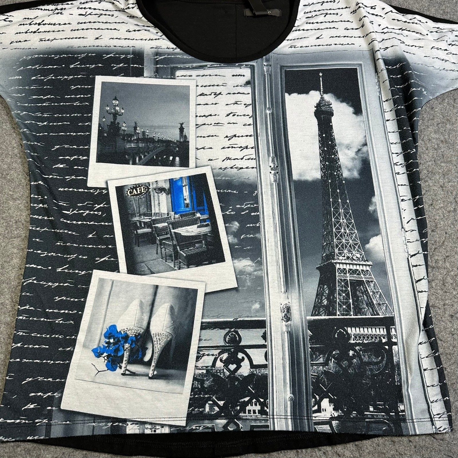 Style & Co Paris Eiffel Tower Graphic Top Black White Script Short Sleeve Small