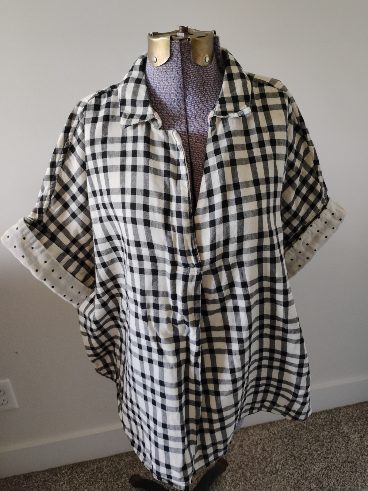 Madewell Women Popover Shirt Black Off White Plaid Polka Dot Boxy Fit V Neck L