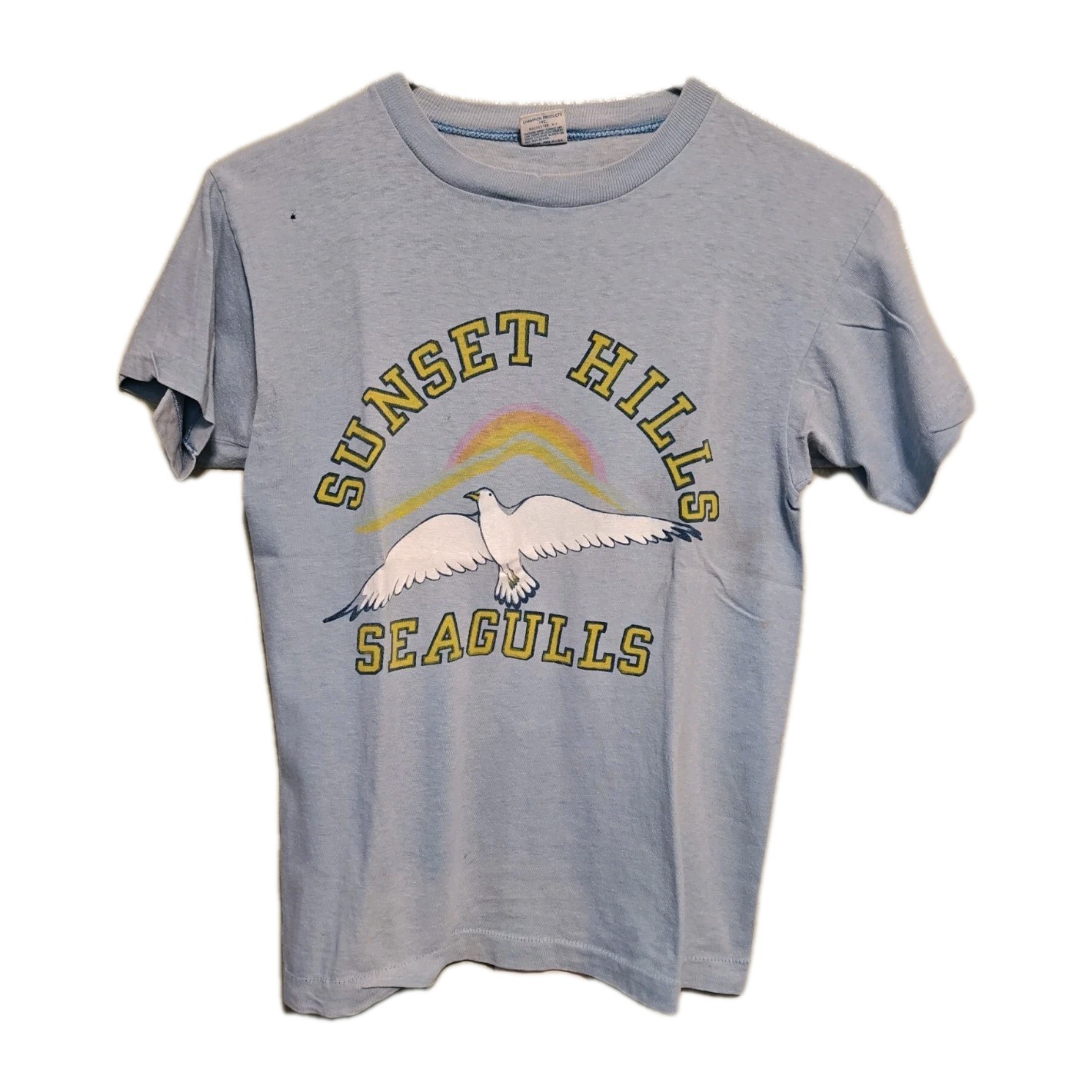 Vintage Sunset Hills Seagulls Champion Blue Bar Size Small Distressed Used As-Is