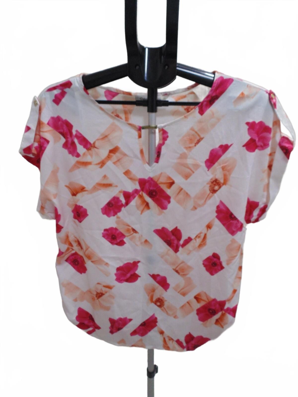 Calvin Klein Women’s Cap Sleeve Pink & White Floral Blouse Key hole Top Size L