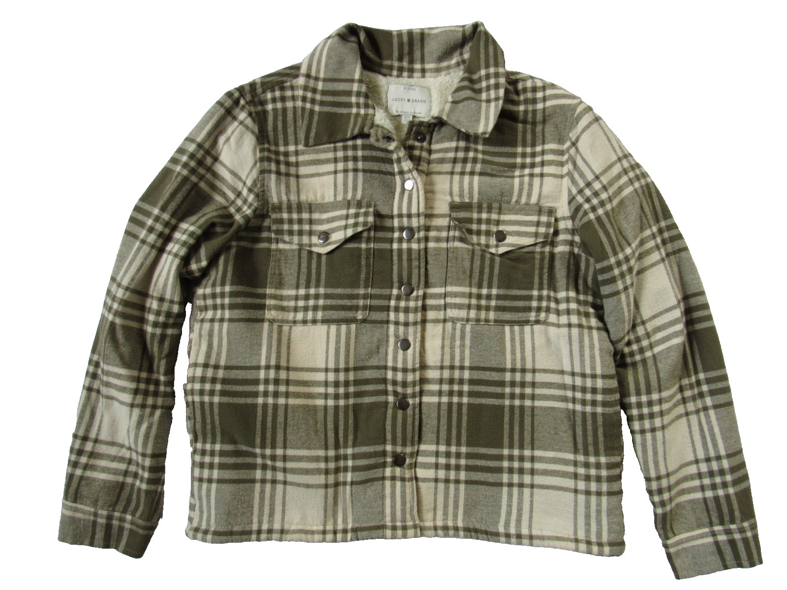 Lucky Brand Jacket Green Ivory Cream Plaid Fleece Lined Flannel Shacket M Medium