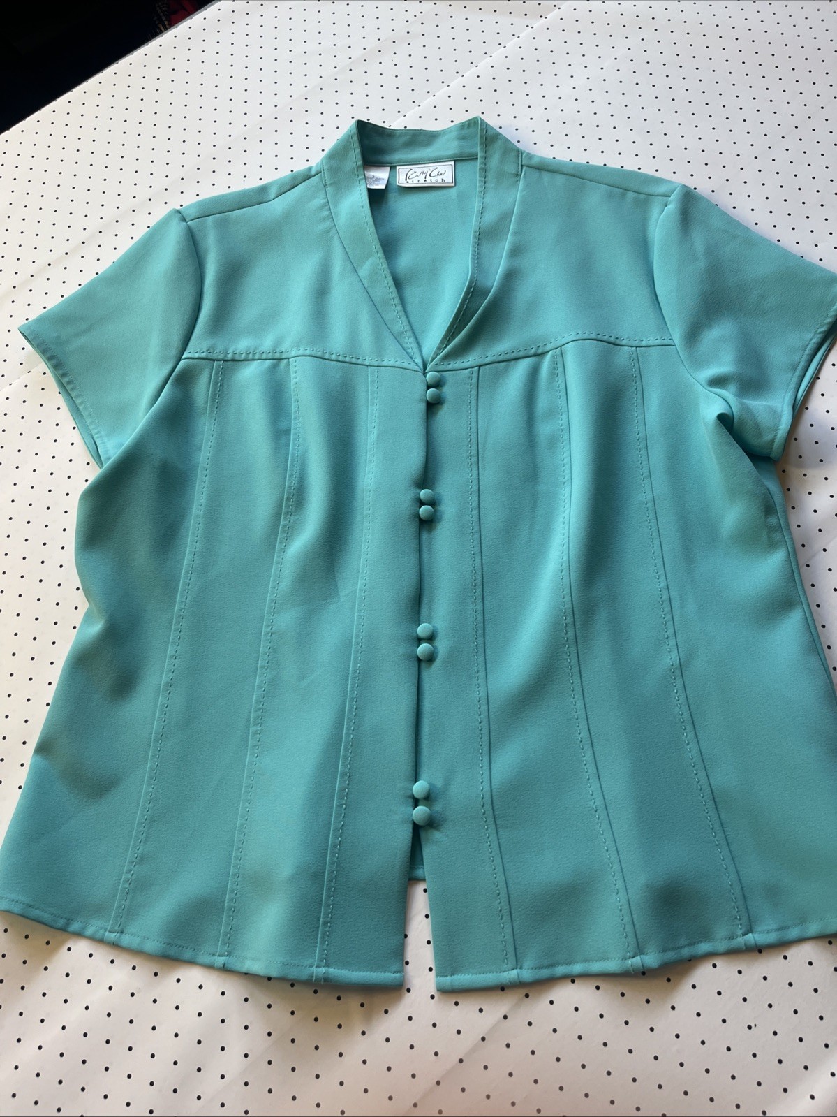 Vintage Turquoise Blouse L Covered Button Front Stretch Career Top Lagoon Blue