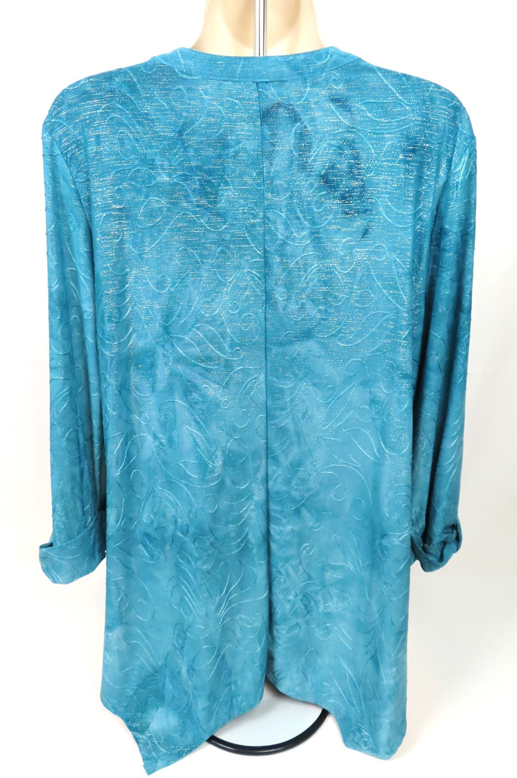 New Directions Womens Blouse M Medium Teal & Silver Metallic Shark-bite Hem NWT
