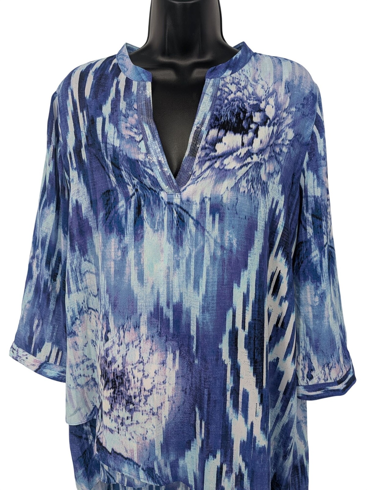 Abstract Floral Layered Tunic Top Sequin Asymmetrical Hem Artsy Resort Large